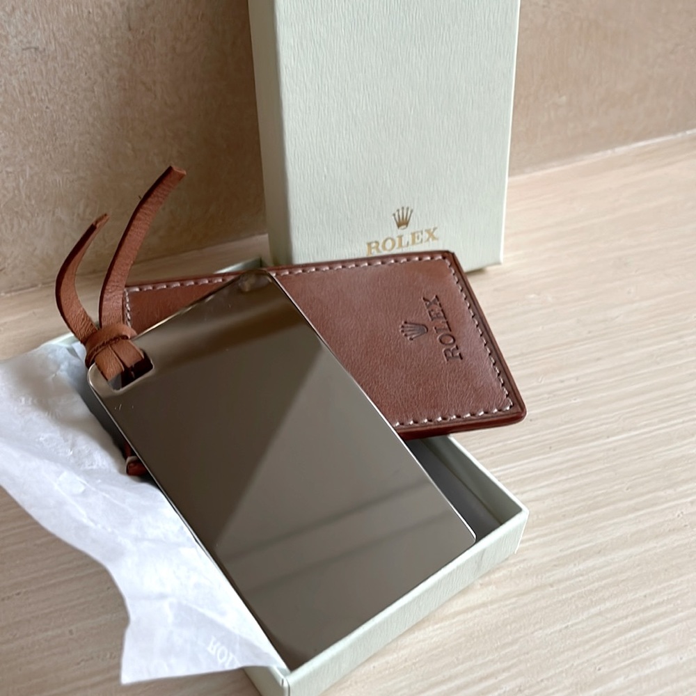 ROLEX polished Stainless Steel pocket wallet MIRROR  brown leather case HTF RARE - Picture 2 of 7